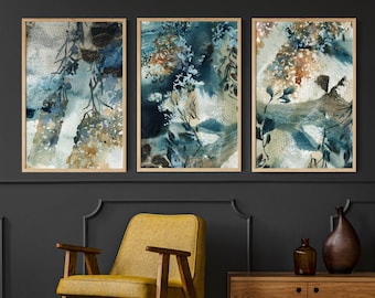 Abstract Wall Decor 3 Art Prints, Abstract Botanical Nature Watercolor Painting Teal and Amber Colors Wall Decor