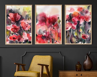 AbstractPoppy Florals Wall Prints, Watercolor Painting, 3 Fine Art Prints Set, Large Wall Decor, Abstract Flowers Wall Art, Vertical Prints