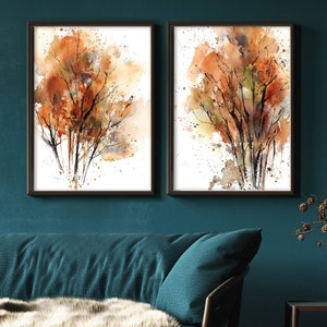 Abstract Autumnal Trees Set of 2 Fine Art Prints, Orange Trees Watercolor Paintings, Autumn Wall Decor, Abstract Nature Art, Forest Wall Art