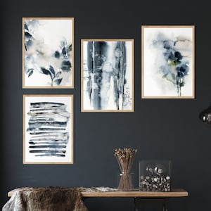 Abstract Blue 4 Art Prints Set, Abstract Botanical Watercolor, Gallery Wall Set of 4 Art Prints, Large Wall Art,  Blue Paintings Wall Decor