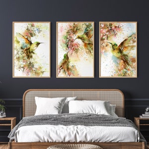 Hummingbird Art Print Set, Birds Paintings, Watercolor Prints, Bird Wall Art Decor, Set of 3 Bird Prints, Colibri Fine Art, Tropical Decor