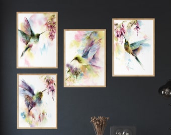 Juego de 4 impresiones de colibríes para decoración de pared, acuarela de aves, 4 impresiones artísticas de aves tropicales.