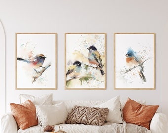 Colorful Bird Prints, 3 Art Prints Set, Bird Watercolor Painting, Wall Gallery 3 Fine Art Prints, Bird Wall Decor, Giclée Prints Triptych