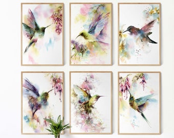 Impresiones artísticas de colibríes (6 piezas) - Pinturas de acuarela de aves coloridas