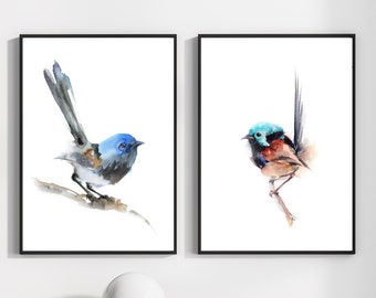 Wren Birds Set of 2 Fine Art Prints, Fairy Wren Bird Watercolor Painting Wall Decor