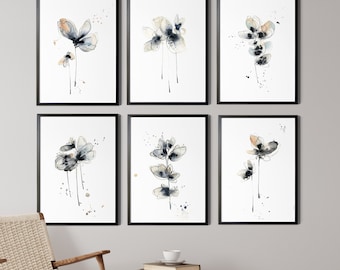 Grey Abstract Flowers Fine Art Prints Gallery Wall 6 Set, Minimalist Neutral Florals Painting Art, Botanical Prints Set