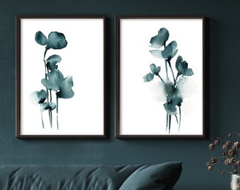Abstract Teal Flowers Watercolor Prints 2 Pieces Set Wall Decor - Floral Paintings Art
