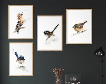 Vögel Art Prints 4 Set, Vogel Gemälde, Vogel Aquarell Kunstdrucke, Wald Wanddekor, Vogel Wandkunst, Vogel Kunstdrucke Galeriewand