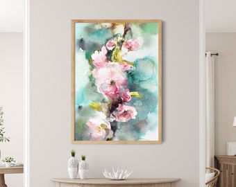Cherry Blossoms Watercolor Painting, Giclee Art Print, Pink Turquoise Bright Colors Wall Print, Floral Botanical Wall Decor, Floral Painting