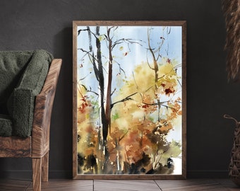 Forest Watercolor Painting, Landscape Art Print, Nature Watercolor Print, Autumn Trees Wall Fine Art Print, Large Wall Art, Nature Wall Art