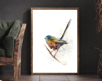 Colorful Wren Bird Painting, Bird Art Print, Watercolor Print, Bright Colors Wall Art, Kids Room Decor, Canvas Print, Bird Fine Art Print