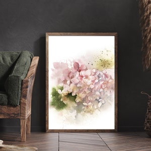 Hydrangea Flowers Print, Watercolor Painting, Pink Flowers Watercolor Art, Botanical Floral Wall Decor, Pastel Pink Florals Bedroom Art