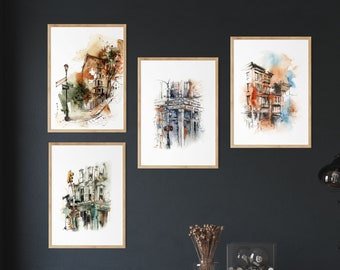 New York City Wall Art Gallery Wall 4 Pieces Art Prints Set, Architecture Watercolor Paintings Sketching Art, Urban Wall Decor Prints Set