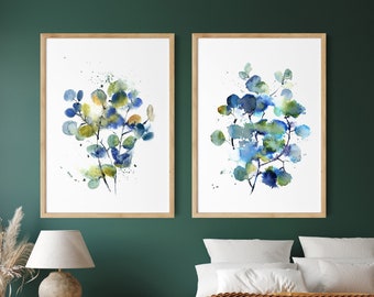 Stampe d'arte astratte di eucalipto 2, foglie di acquerello, pittura botanica, set di 2 stampe d'arte, decorazione da parete verde e blu
