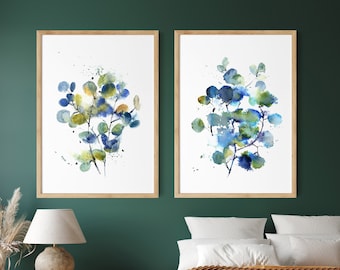 Abstract Eucalyptus 2 Fine Art Prints, Leaves Watercolor Art, Botanical Painting Art, Set of 2 Fine Art Prints, Green and Blue Wall Decor