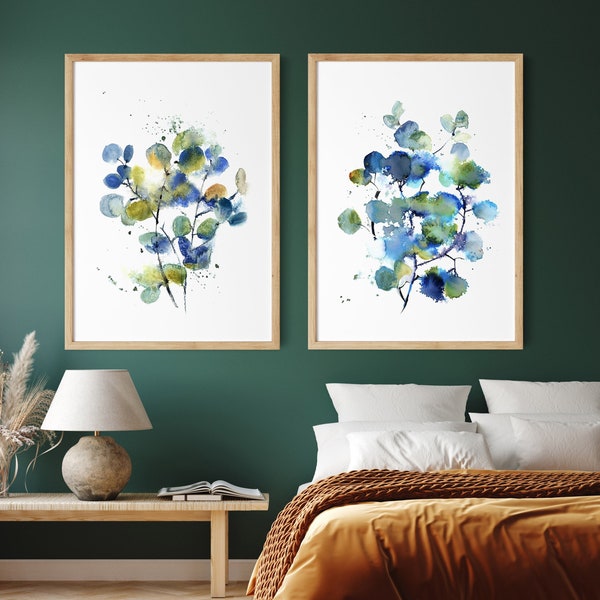 Abstract Eucalyptus 2 Fine Art Prints, Leaves Watercolor Art, Botanical Painting Art, Set of 2 Fine Art Prints, Green and Blue Wall Decor