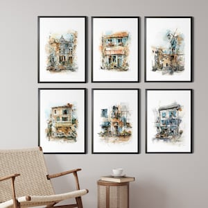 European Architecture Prints Gallery Wall 6 Pieces Fine Art Prints Set, Painting Urban Sketches of City Scenes, Travel Wall Decor Art