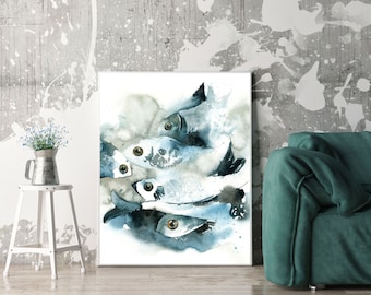Fishes fine art print, Sea life watercolor painting art, print of fishes, sea creatures, nautical wall art print