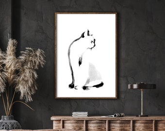 Stampa artistica gatto minimalista, acquerello gatto bianco e nero, stampa artistica d'archivio giclée, decorazione artistica da parete gatto, pittura ad acquerello, stampa gatto