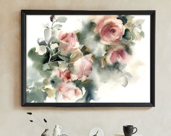 Roses Wall Print, Flowers Watercolor Painting in Pink Green Colors, Horizontal Bedroom Wall Art, Whimsical Florals Print, Botanical Print