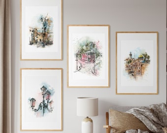 Urban Sketches 4 Wall Prints Set Gallery Wall, Architecture Painting, Venice Italy Prints, Paris Painting, Jerusalem Art, Watercolor Art