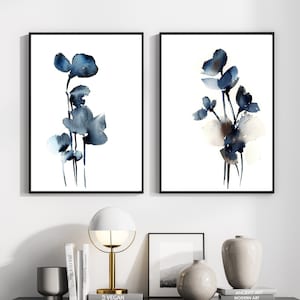 Blue Wall Art, Abstract Florals Painting, Set of 2 Fine Arts Prints, Watercolor Flowers, Large Abstract Wall Decor Prints in Dark Blue Tones