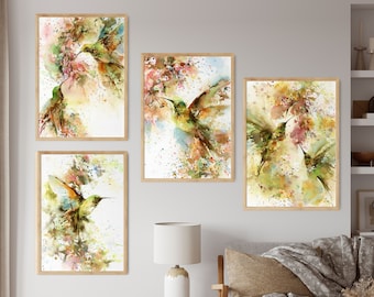 Juego de 4 impresiones artísticas de aves tropicales para pared, acuarelas de colibríes, decoración de pared con aves