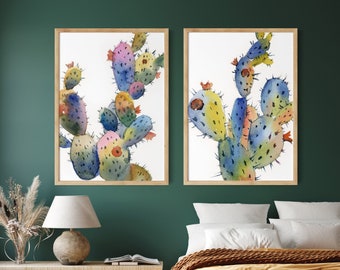 Set van 2 Rainbow Cactus Prints, Cactus Fine Art Prints, Ingelijste Aquarel Cactus Schilderijen, Desert Decor, Succulent Wall Art, School Decor