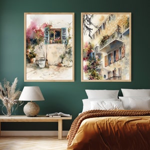 Travel Painting 2 Art Prints Set, Mediterranean City Scene, Architecture Art, Window Balcony andFlowers Watercolor Prints, 2 Wall Art Prints