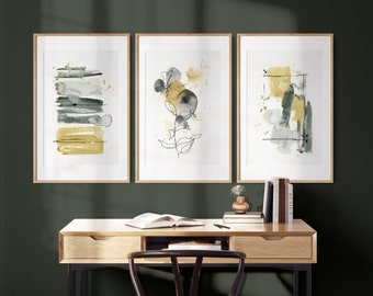 Multi Panel Art Prints, Mustard Gallery Wall Set of 3, Abstract Art Prints, Mustard and Sage Green Wall Hangings, Contemporary Home Decor