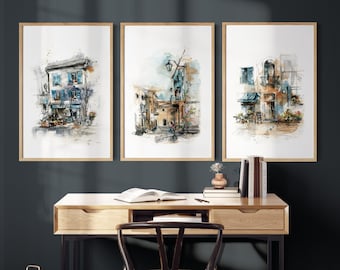 Italy Wall Art Gallery 3 Pieces Art Prints, Italian City Scene Paintings, Italian Architecture Houses Streets in Italy Travel Wall Decor
