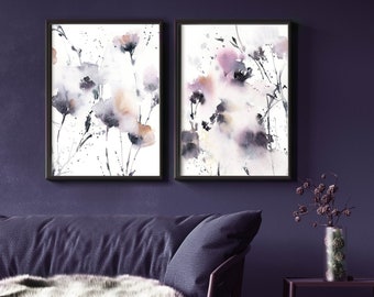 Abstract Florals Painting, Prints Set of 2, Flowers Purple Blush Watercolor Prints, 2 Art Prints, Gallery Wall Set, Floral Large Wall Art