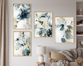 Gallery Wall 4 Art Prints Set, Watercolor Painting, Teal Leaves Wall Decor, Fine Art Prints Set, Abstract Botanical Living Room Wall Art