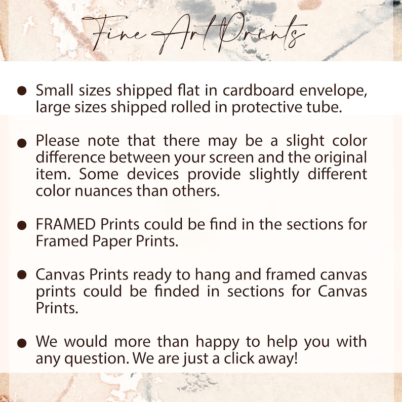 Puede incluir: Un fondo beige claro con el texto "Fine Art Prints" en estilo manuscrito. Debajo, vi&ntilde;etas detallan los tama&ntilde;os de impresi&oacute;n, las variaciones de color y los tipos de impresi&oacute;n, incluyendo impresiones enmarcadas y en lienzo. El texto es de color marr&oacute;n oscuro.