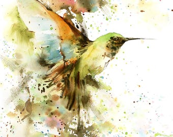 Kolibrie kunstprint, felle kleuren vliegende vogel schilderij, kolibrie aquarel print vogel, tropische vogel muurdecoratie