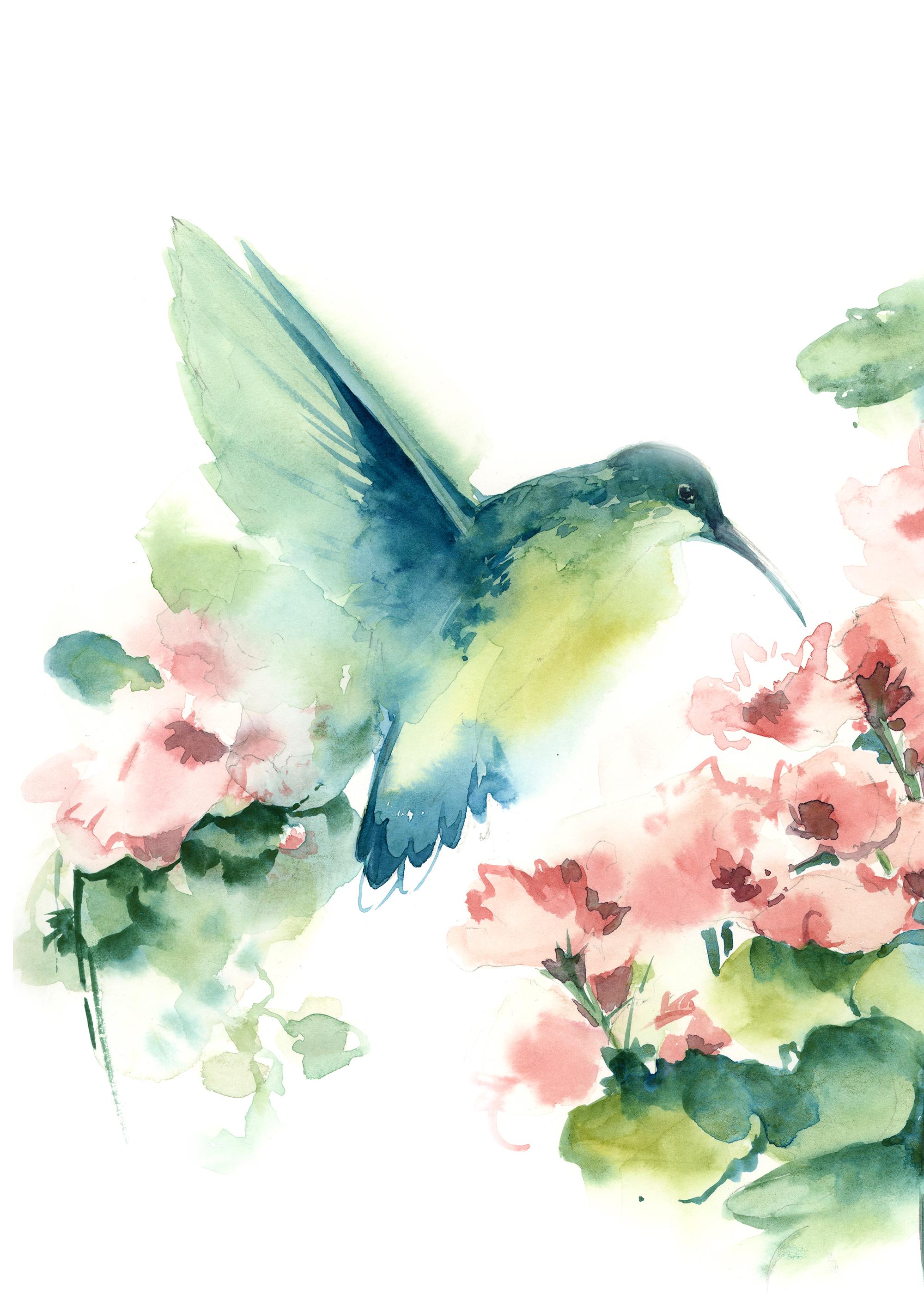 Colibrí y rosas (2 impresiones artísticas en rosa y verde) - Pintura en ...