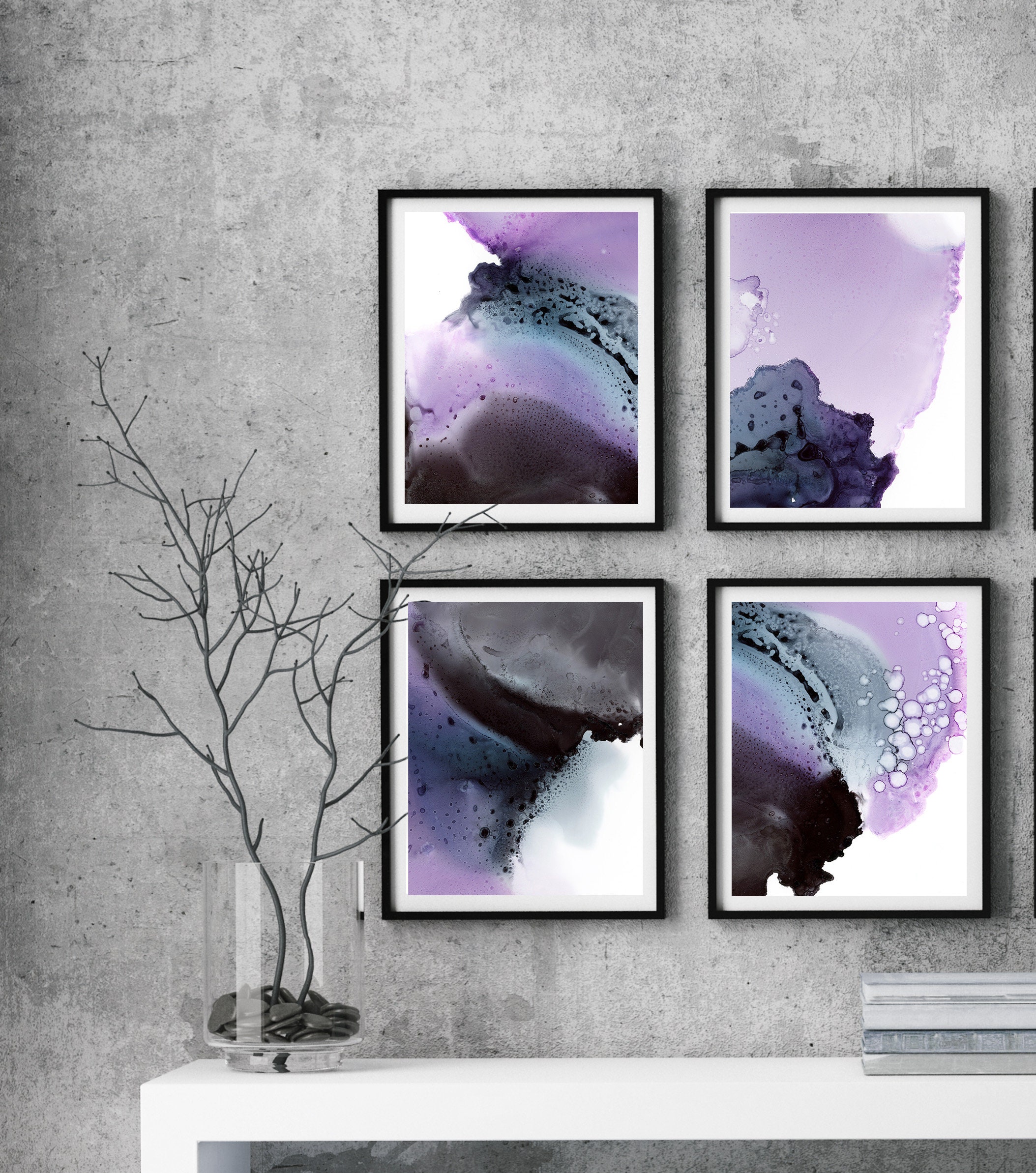 Abstract painting 4 Prints Set Purple Black Grey Abstract Etsy