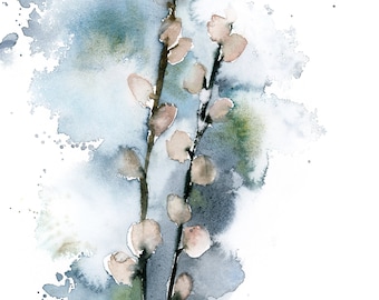 Willow Branch Wall Art Print, Spring Flowers Wall Art Decor, Floral Watercolor Painting, Fine Art Print, Neutral Blue Floral Fine Art Print