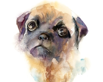 Colorful Pug Dog Art Print, Dog Watercolor Painting Illustration Wall Decor