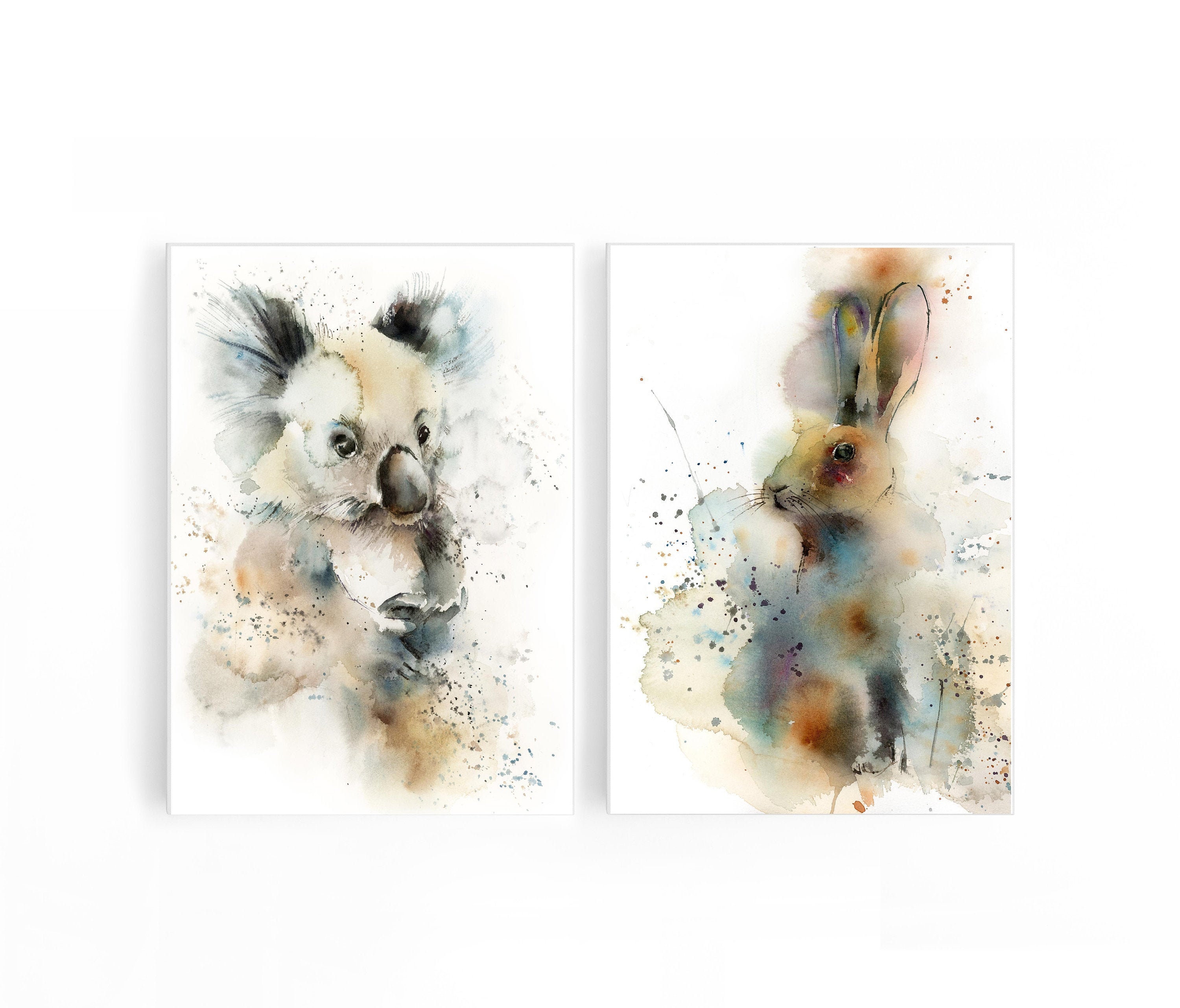 animal art prints on stretched canvas animal watercolor painting art Koala and Rabbit Painting CANVAS Art Print Set of 2 Ready to Hang
