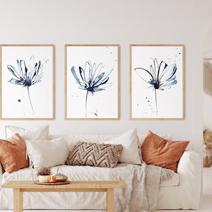 Abstract Flowers in Blue, Art Prints Set of 3, Inky Blue Florals, Watercolor Paintings Art, Minimalist Home Decor Statement Wall Art Prints