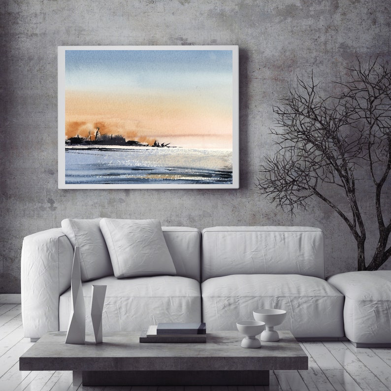 Seascape Minimalist Wall Art Print Calming Nature Blue Orange Etsy
