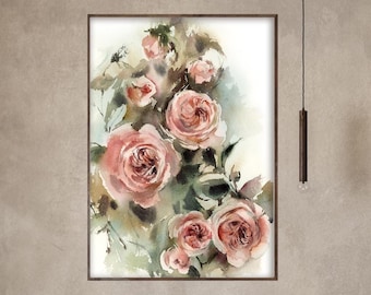 Stampa ad acquerello di rose rosa, decorazione murale con rose, dipinto di rose fantasioso, stampa artistica naturalistica per pareti, stampa botanica di alta qualità