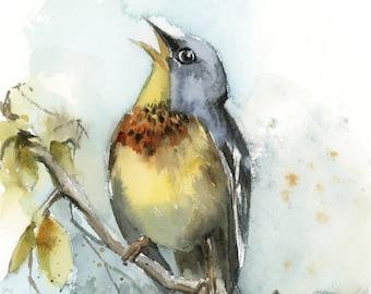 Bird on a Branch Fine Art Print, Bird Watercolor Painting Woodland Nature Wall Decor Art