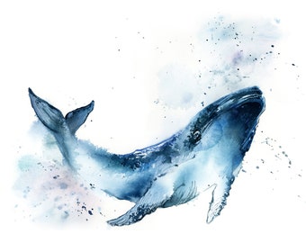 Blue Whale Watercolor Painting, Whale Art Print, Sea Animal Wall Decor, Art Print Of Whale, Animalistic Large Size Print, Undersea Life Art