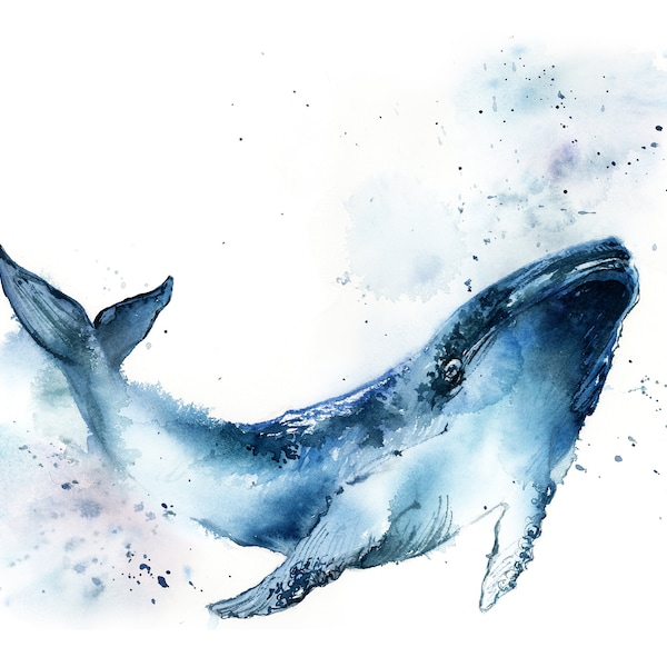 Blauwe vinvis aquarel schilderij, walvis Art Print, zee dier Wall Decor, Art Print van walvis, dierlijk groot formaat afdrukken, onderzeese leven kunst