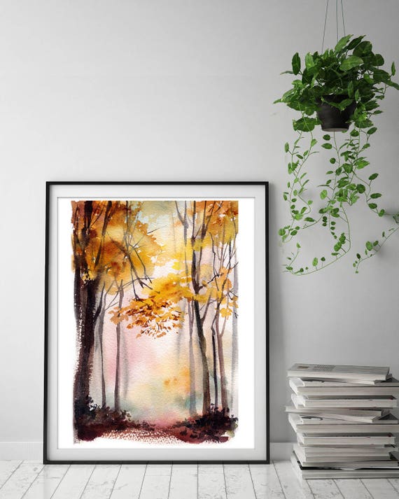 Autumn landscape art print forest watercolor painting art | Etsy