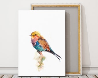 Lilac Breasted Roller Bird Wall Print, Bird Painting, Fine Art Print, Bird Watercolor Art, Tropical Wall Decor, Bird Art Print on Canvas