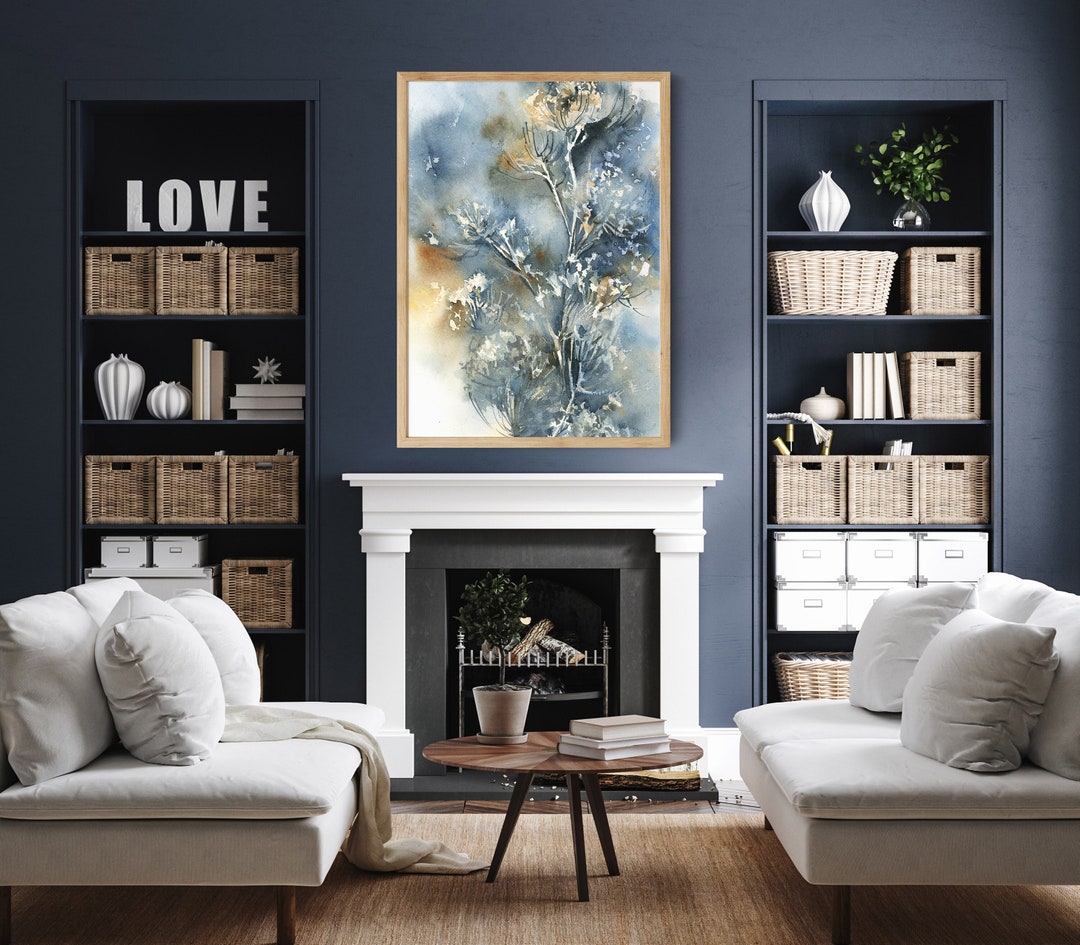 Living Room Wall Decor, Floral Art Print, Abstract Floral Blue ...