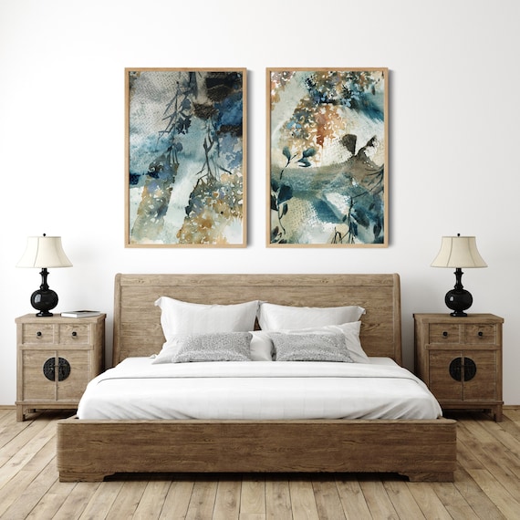 Abstract Botanical 2 Prints Set, Wall Gallery 2 Fine Art Prints, Teal Amber Abstract Watercolor Painting Art